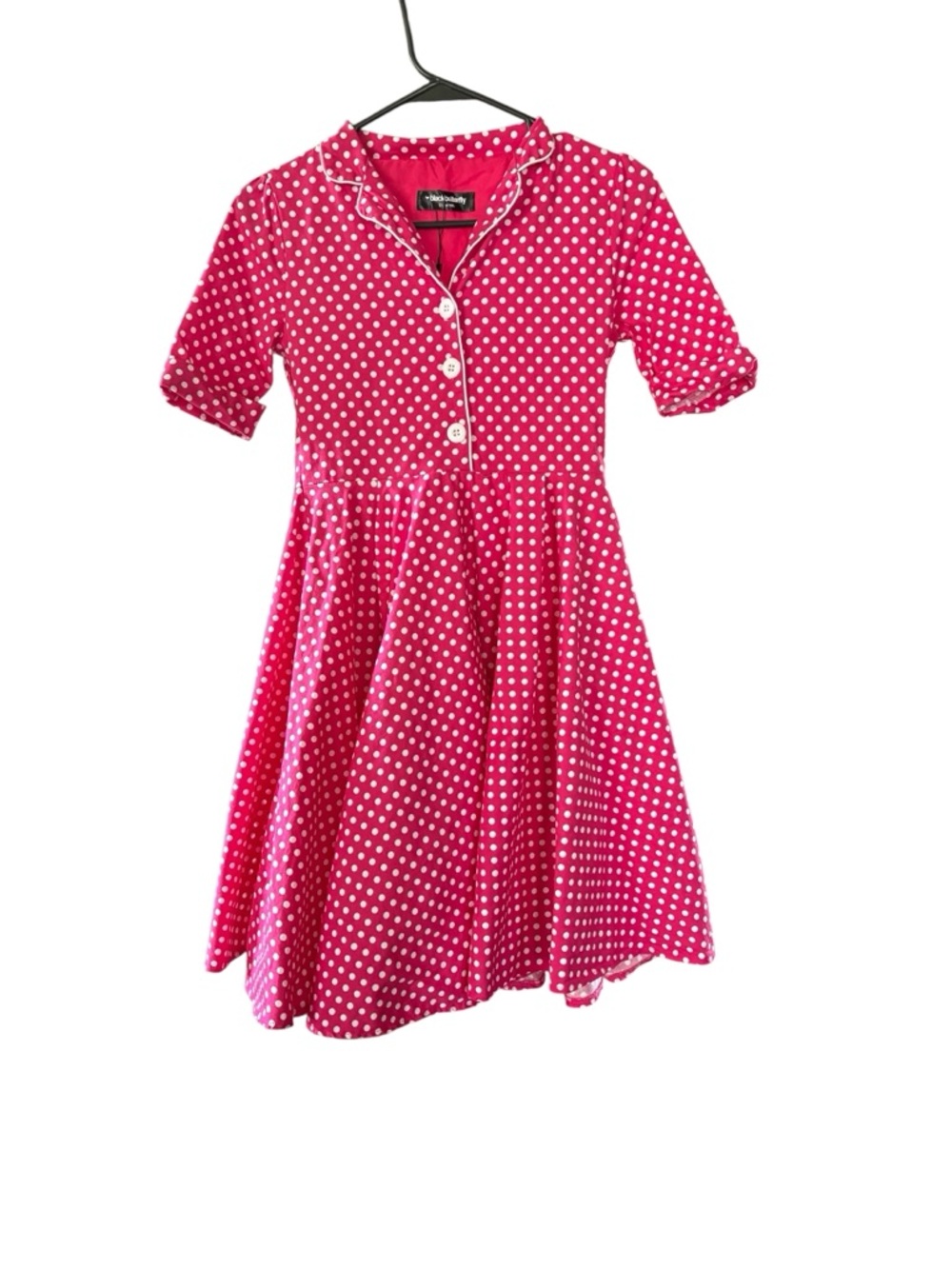 Size XS Polka Dot Midi Swing Dress in Bright Pink with Button-Front Bodice